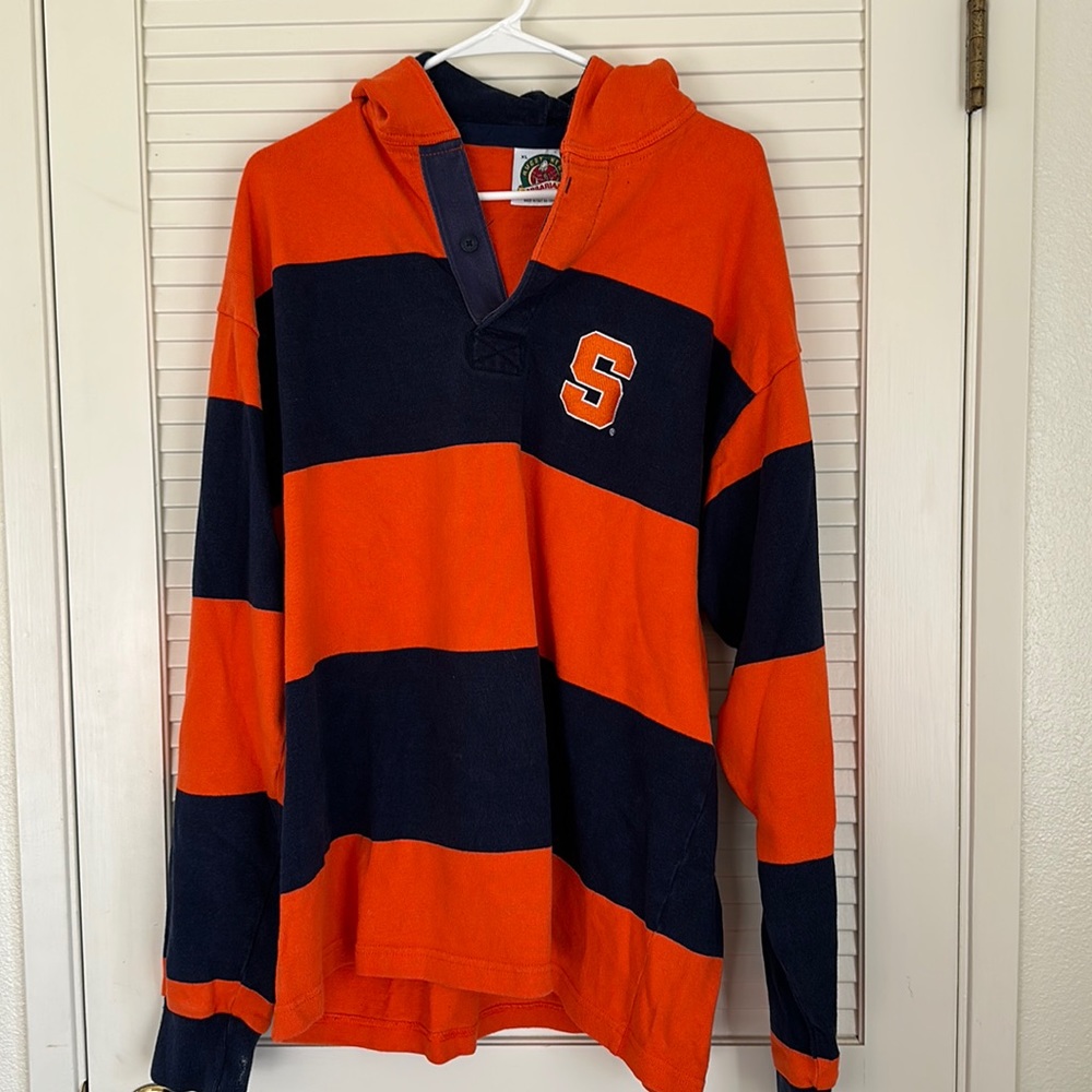 Vintage Barbarian Striped Syracuse Polo Rugby Hooded Sweatshirt, XL